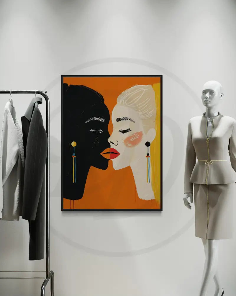 Minimalist digital wall art of Black and White women facing each other.