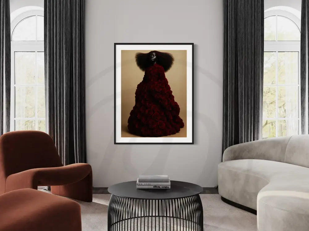 Afrocentric red rose gown artwork for modern interiors.