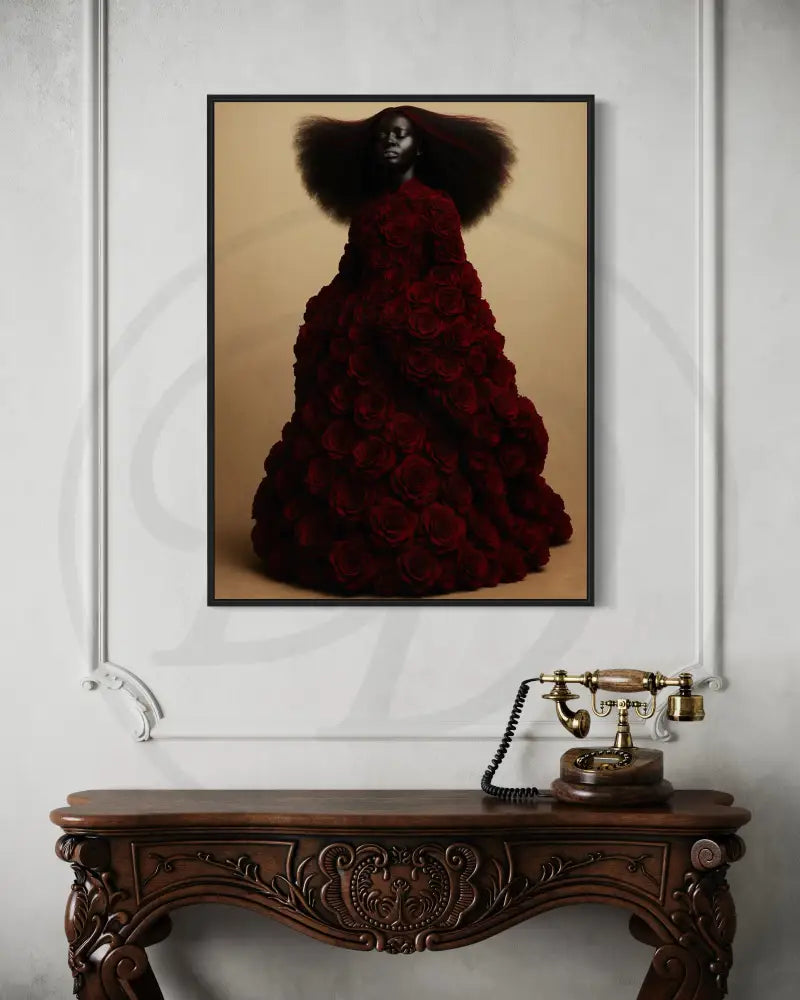 Afrocentric fine art print of Black woman in rose dress.