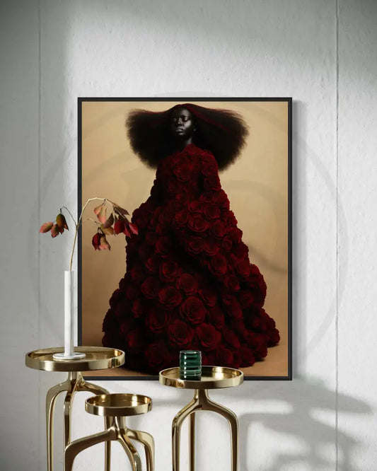 Afrocentric luxury wall art portrait with crimson rose gown.