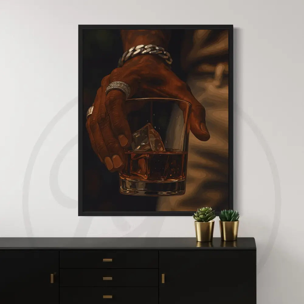 Whiskey glass with ice in Black art style

