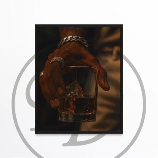 Black hand with jewelry holding whiskey glass