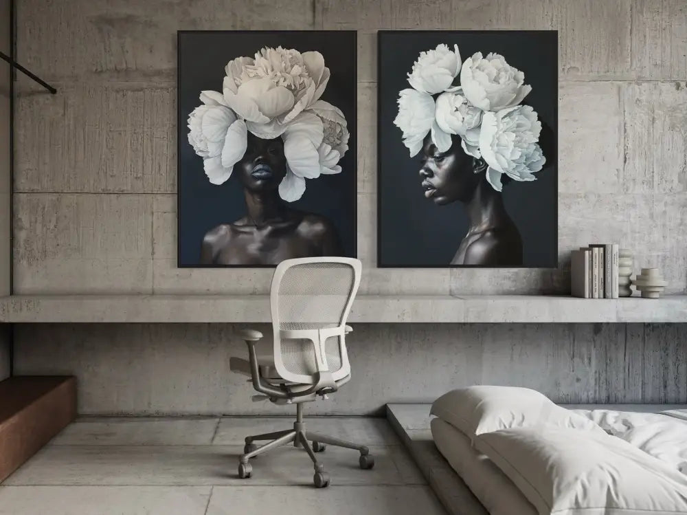 Afrocentric black woman portrait with oversized white florals.