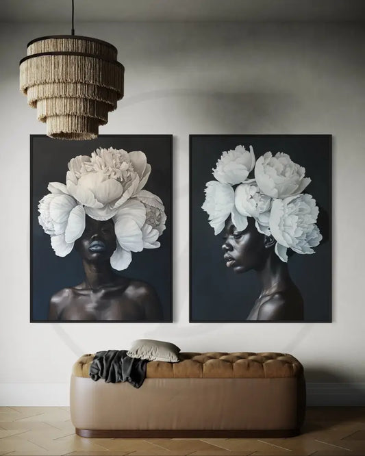 Afrocentric luxury floral wall art set with bold portraits.