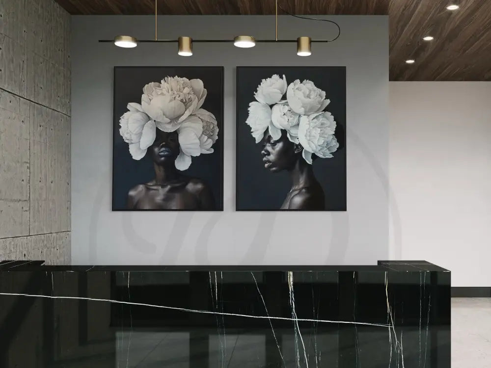Afrocentric two-piece art set with oversized white flowers.