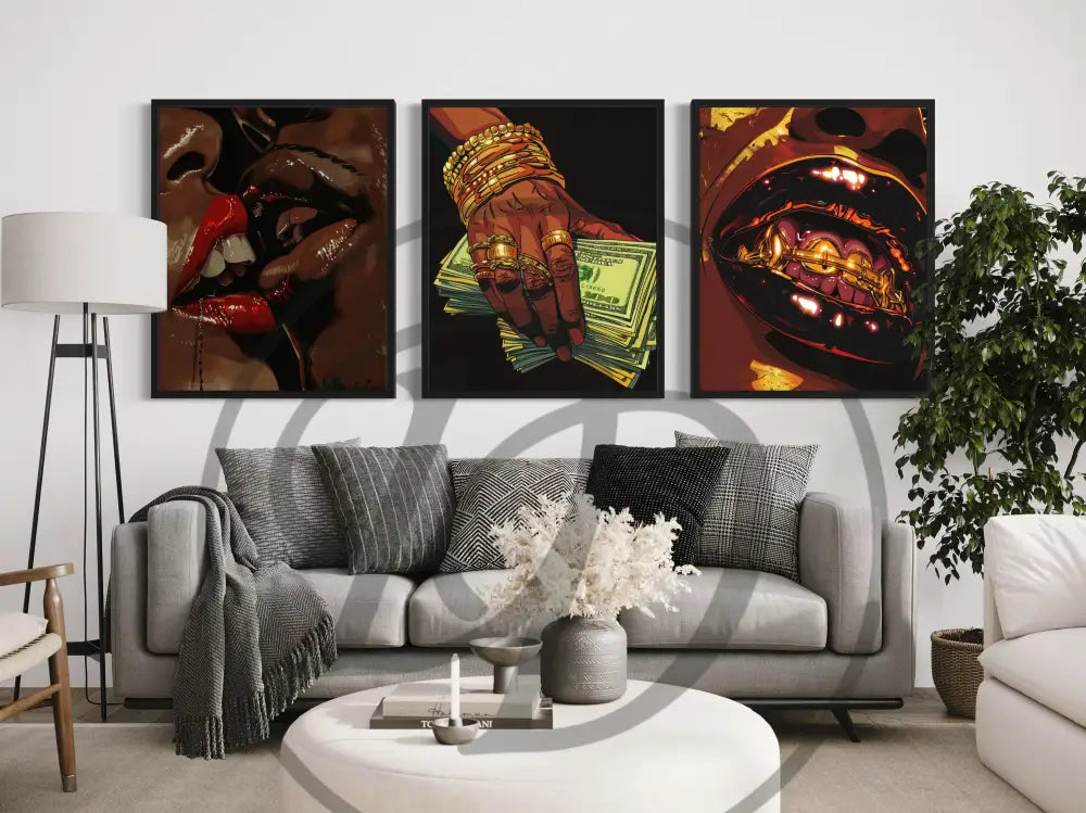 Urban wall art of hands covering face with jewelry. Printable Afrocentric artwork for contemporary interiors.