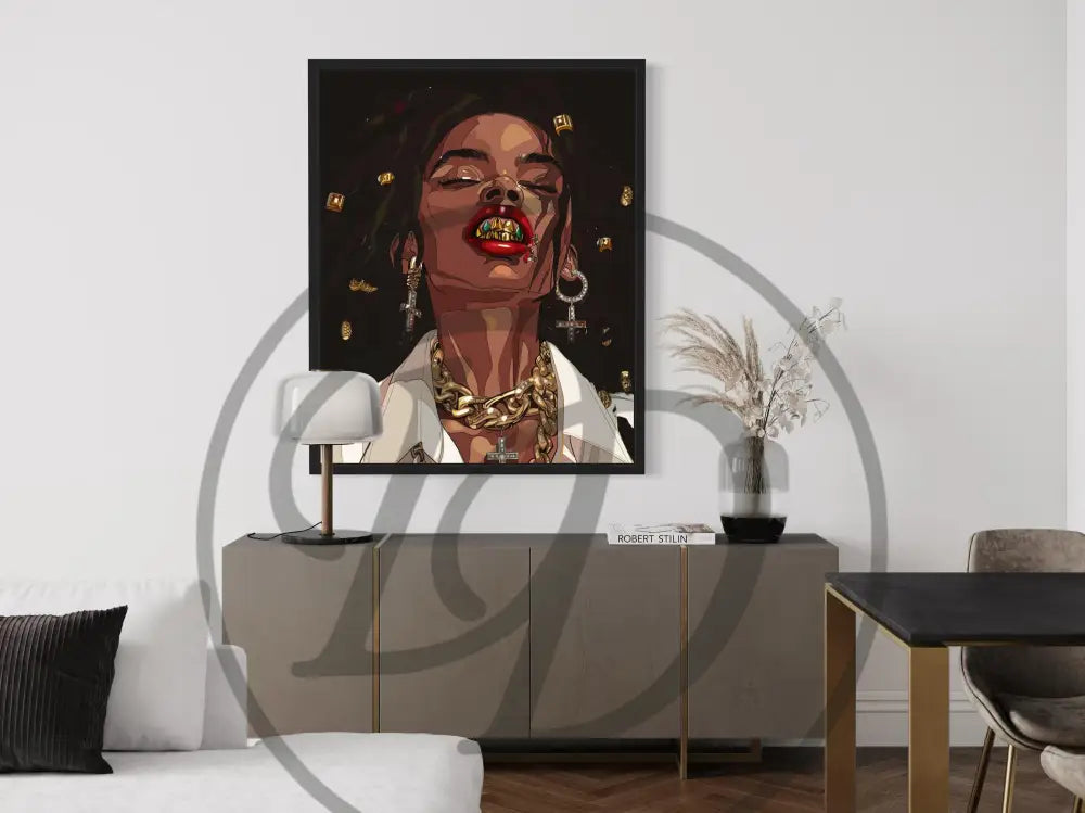 Digital art close-up of lips with grillz. Printable urban art for stylish wall décor.