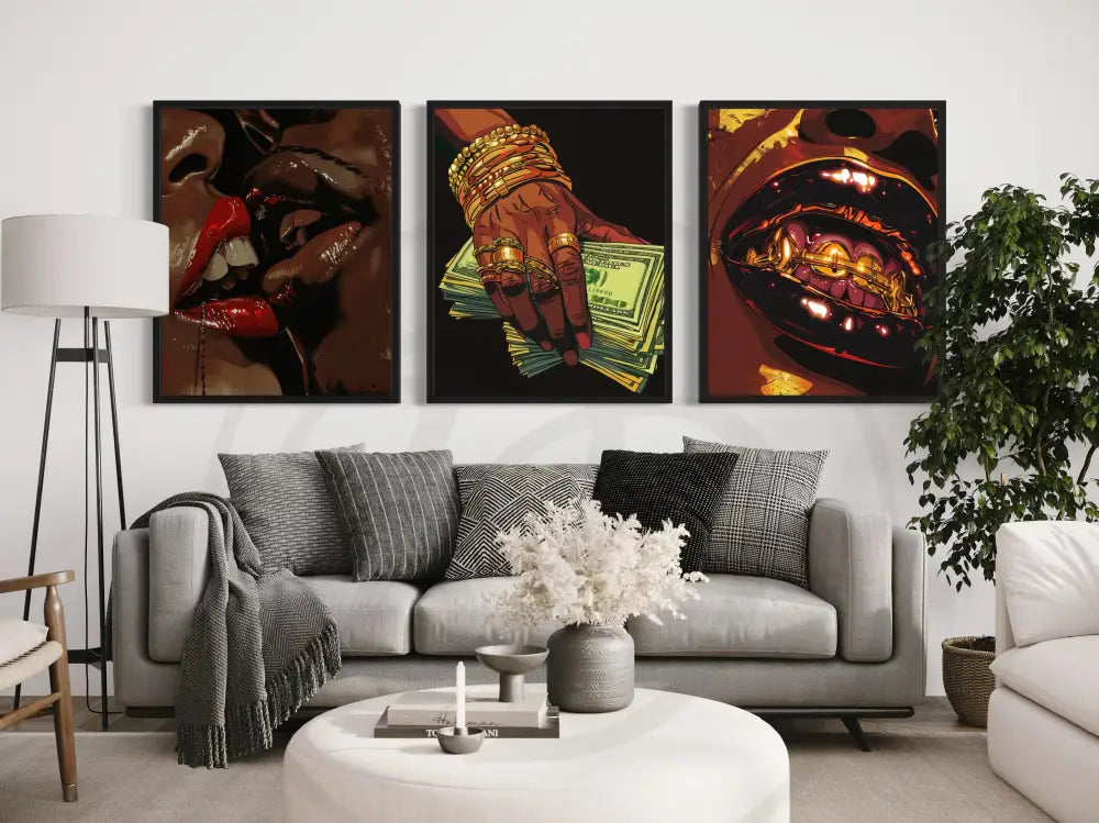 Urban wall art of hands covering face with jewelry. Printable Afrocentric artwork for contemporary interiors.