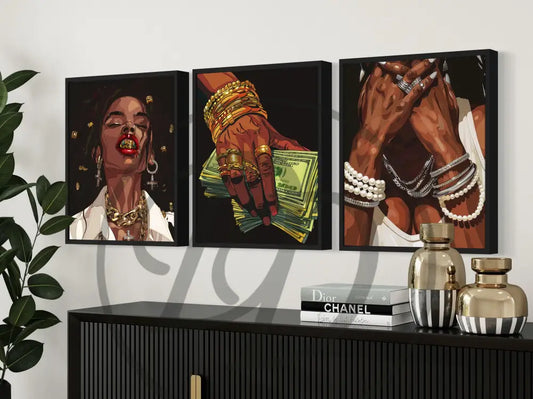Urban digital wall art of Black woman with gold grillz and jewelry. Printable Afrocentric art for modern décor.