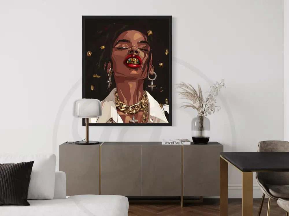 Digital art close-up of lips with grillz. Printable urban art for stylish wall décor.