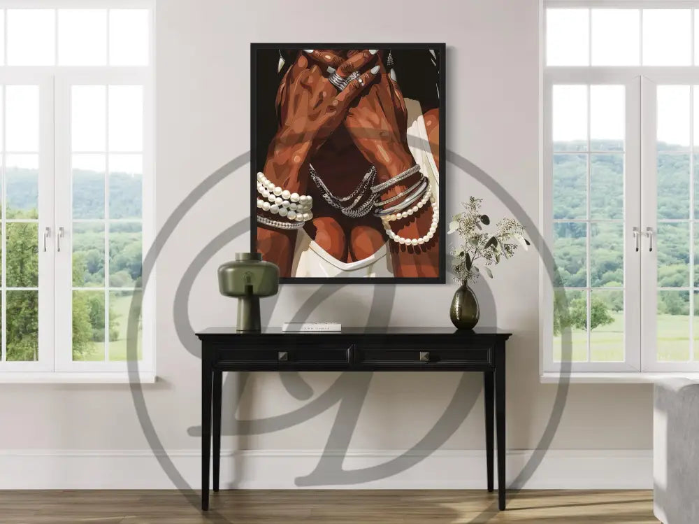 Black culture digital art of intimate kiss with red lips. Printable luxury artwork for modern homes.