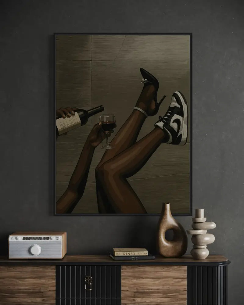 Bold digital artwork of wine and sneaker culture