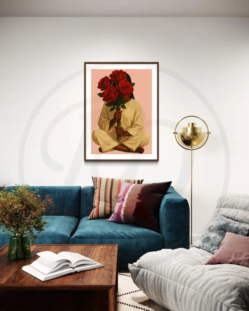 Minimalist Afrocentric artwork with bouquet of roses

