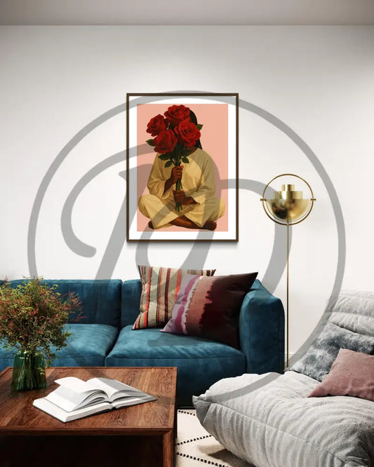 Minimalist Afrocentric artwork with bouquet of roses

