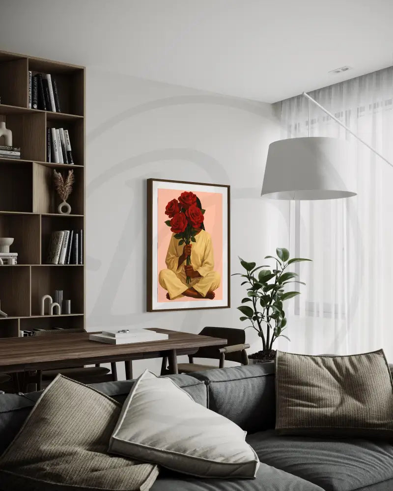 Poised Black woman in cream attire with red roses