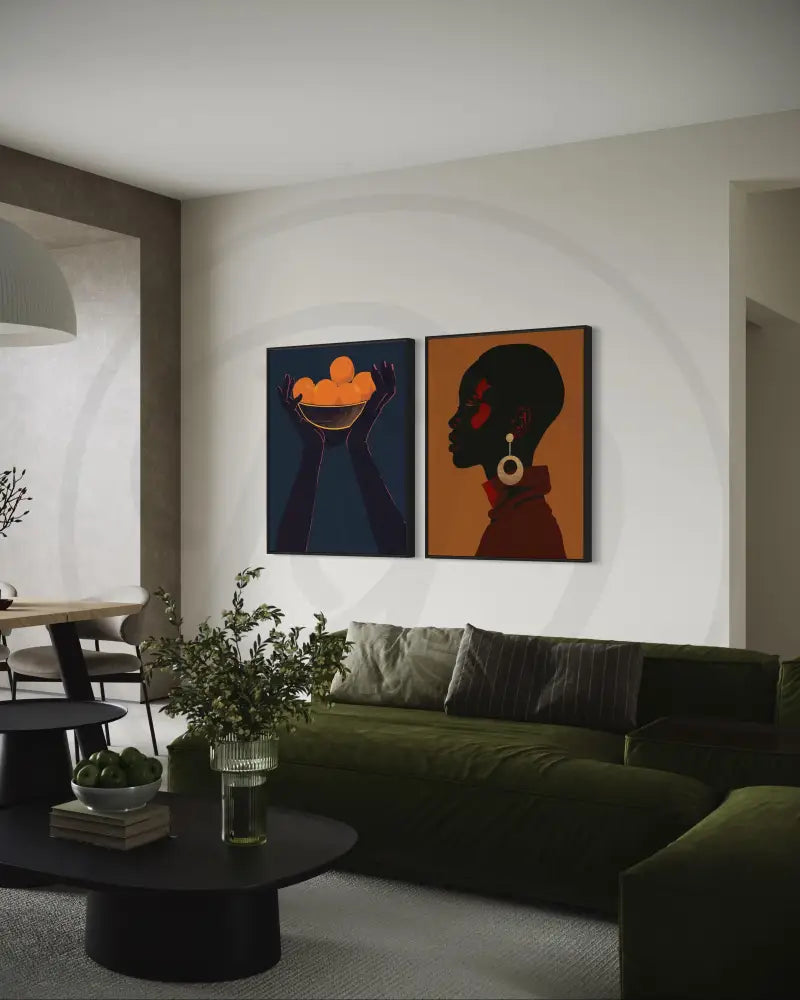 Minimalist African art set with powerful feminine silhouette and symbols.