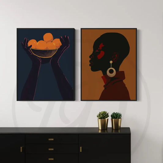 Minimalist Afrocentric wall art 2-piece set with Black female silhouette and symbolic fruit bowl. Printable digital download for modern home décor.