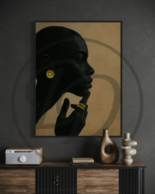 Minimalist Black woman profile digital wall art with gold jewelry accents.