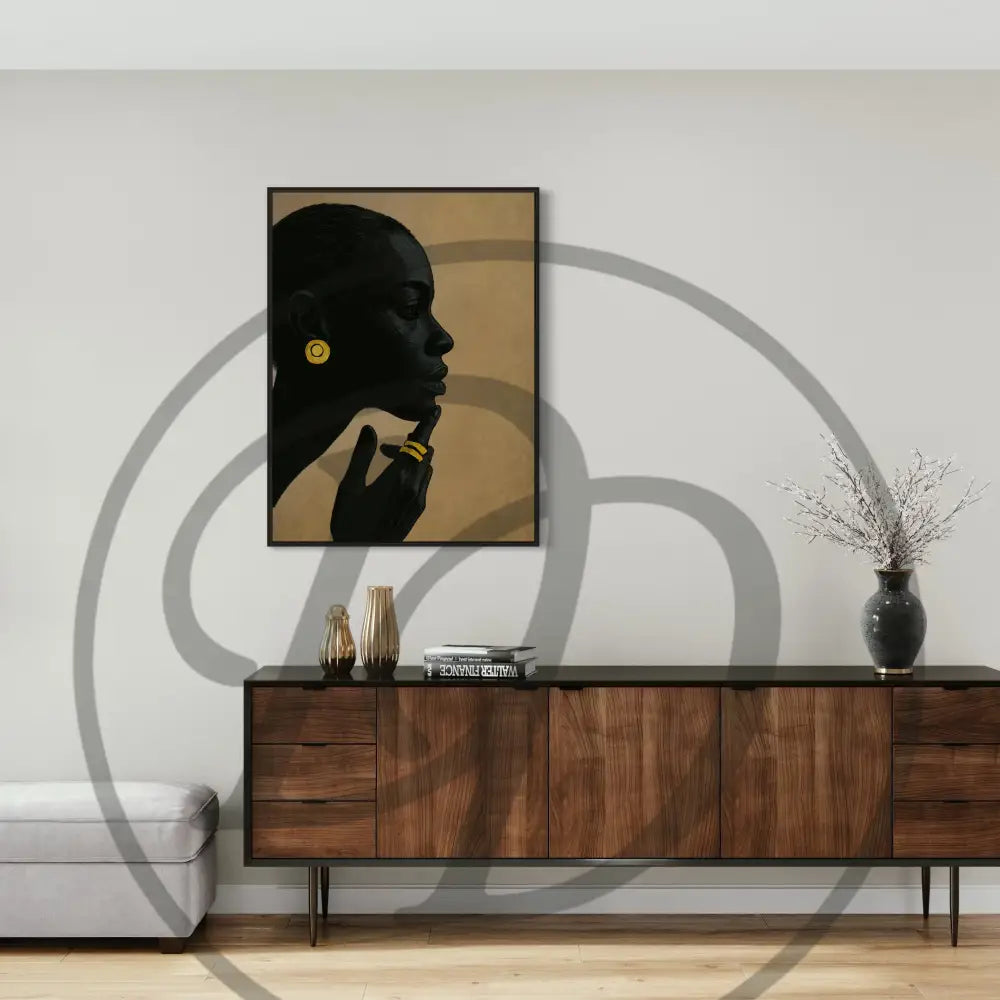 Elegant Black woman portrait digital art with golden earrings and rings.