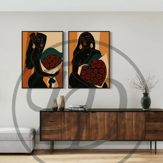 Minimalist Black woman with roses wall art 2-piece Afrocentric digital print set.