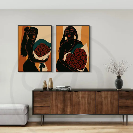 Minimalist Black woman with roses wall art 2-piece Afrocentric digital print set.