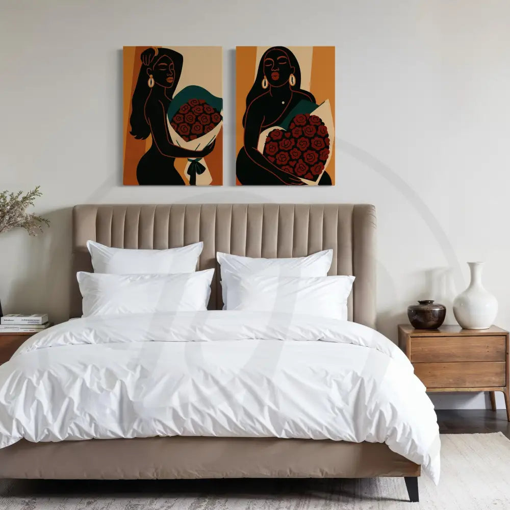 Earthy tone wall art set faceless woman Afrocentric style.