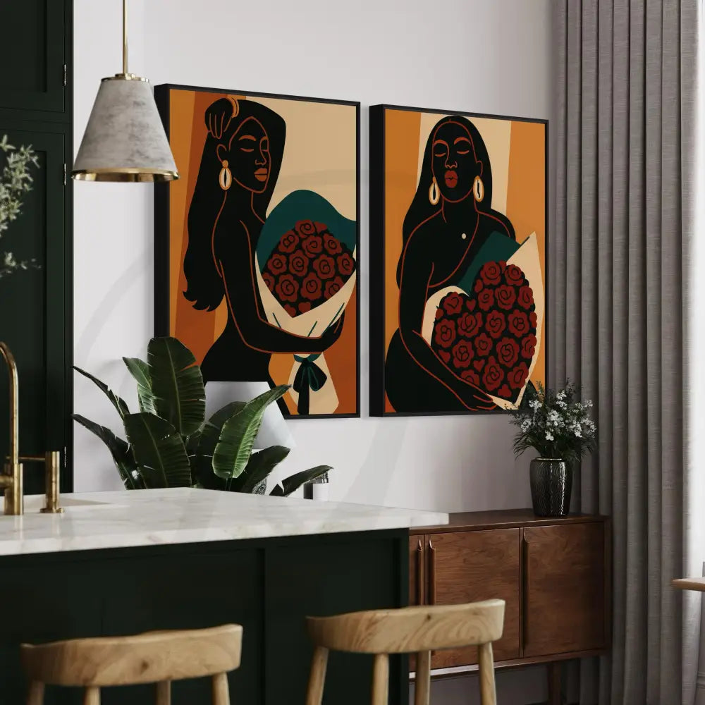 Contemporary Black woman roses wall décor minimalist prints.