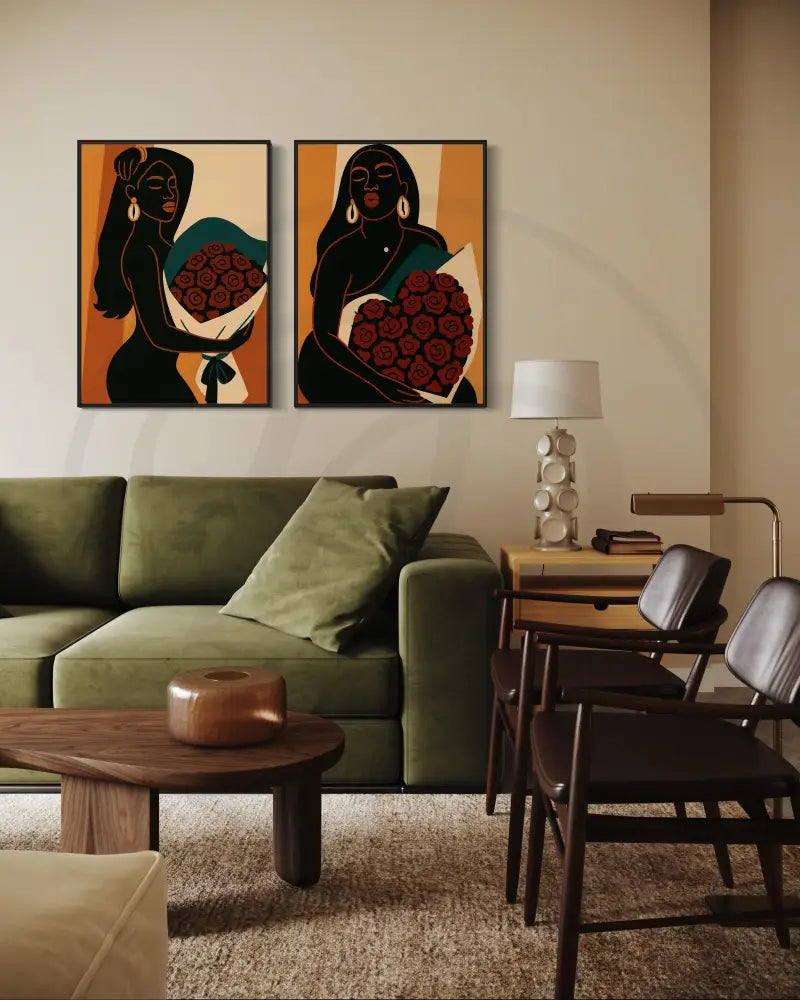 Black women holding flowers minimalist digital prints.