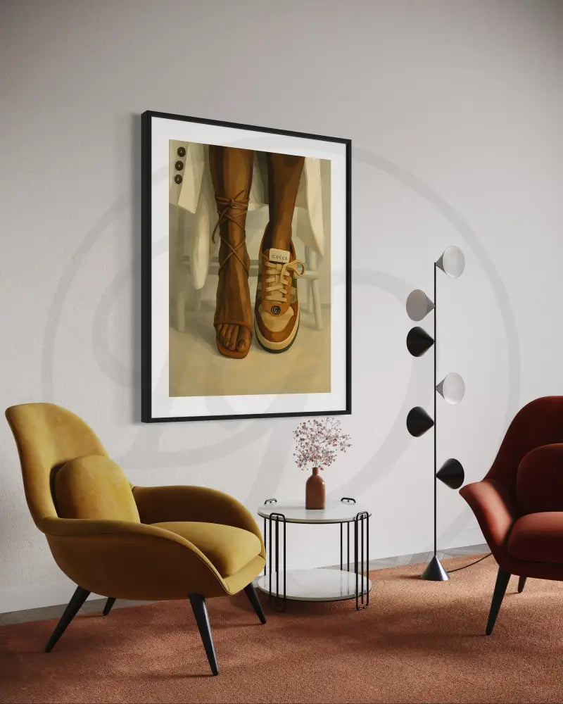 Minimalist digital art print with dual shoes