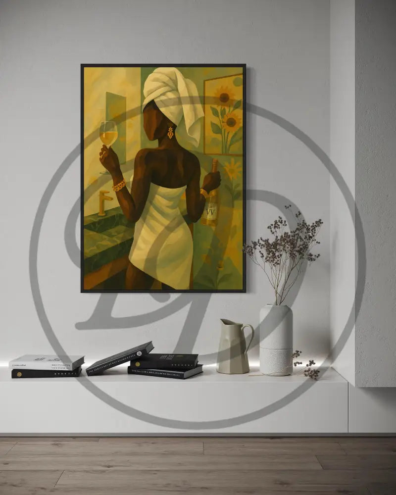 Minimalist bathroom wall art of Black woman in towel with wine bottle. Printable Afro luxe digital art.