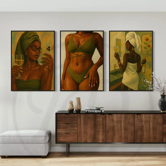 Modern feminine digital wall art of Black woman holding wine glass. Printable self-care artwork for stylish spaces.