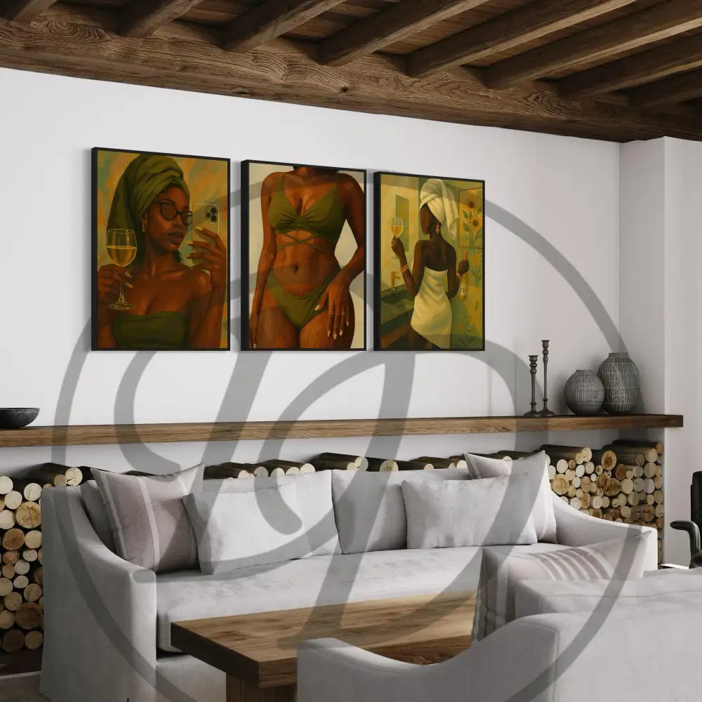 Contemporary Afrocentric digital art perfect for bathrooms, bedrooms, and living rooms.