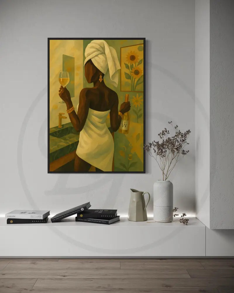 Minimalist bathroom wall art of Black woman in towel with wine bottle. Printable Afro luxe digital art.