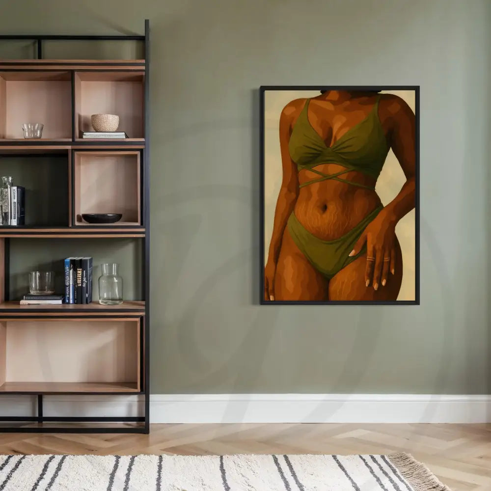 Digital art of Black woman in green bikini with natural curves. Printable modern feminine décor for bedrooms.