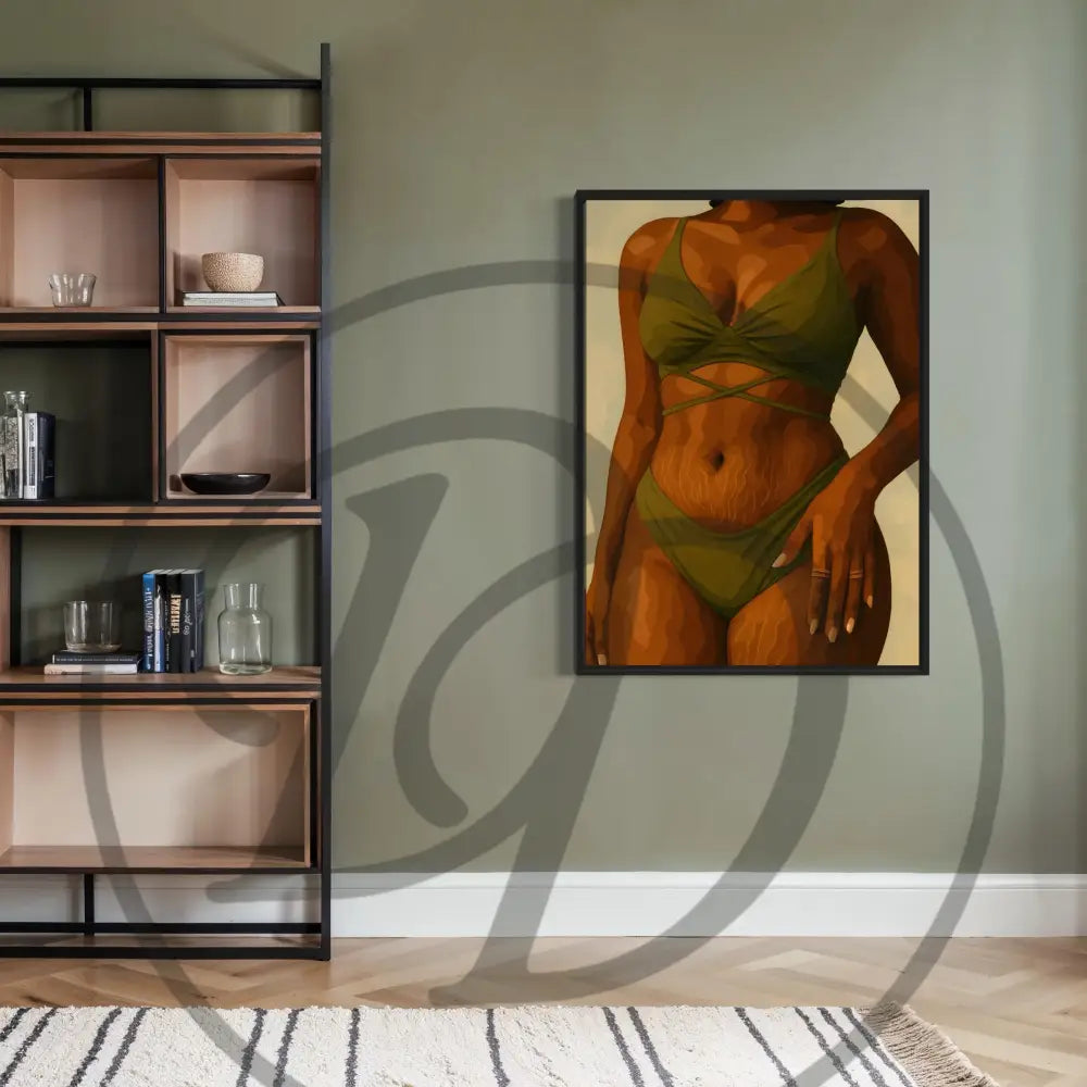 Digital art of Black woman in green bikini with natural curves. Printable modern feminine décor for bedrooms.