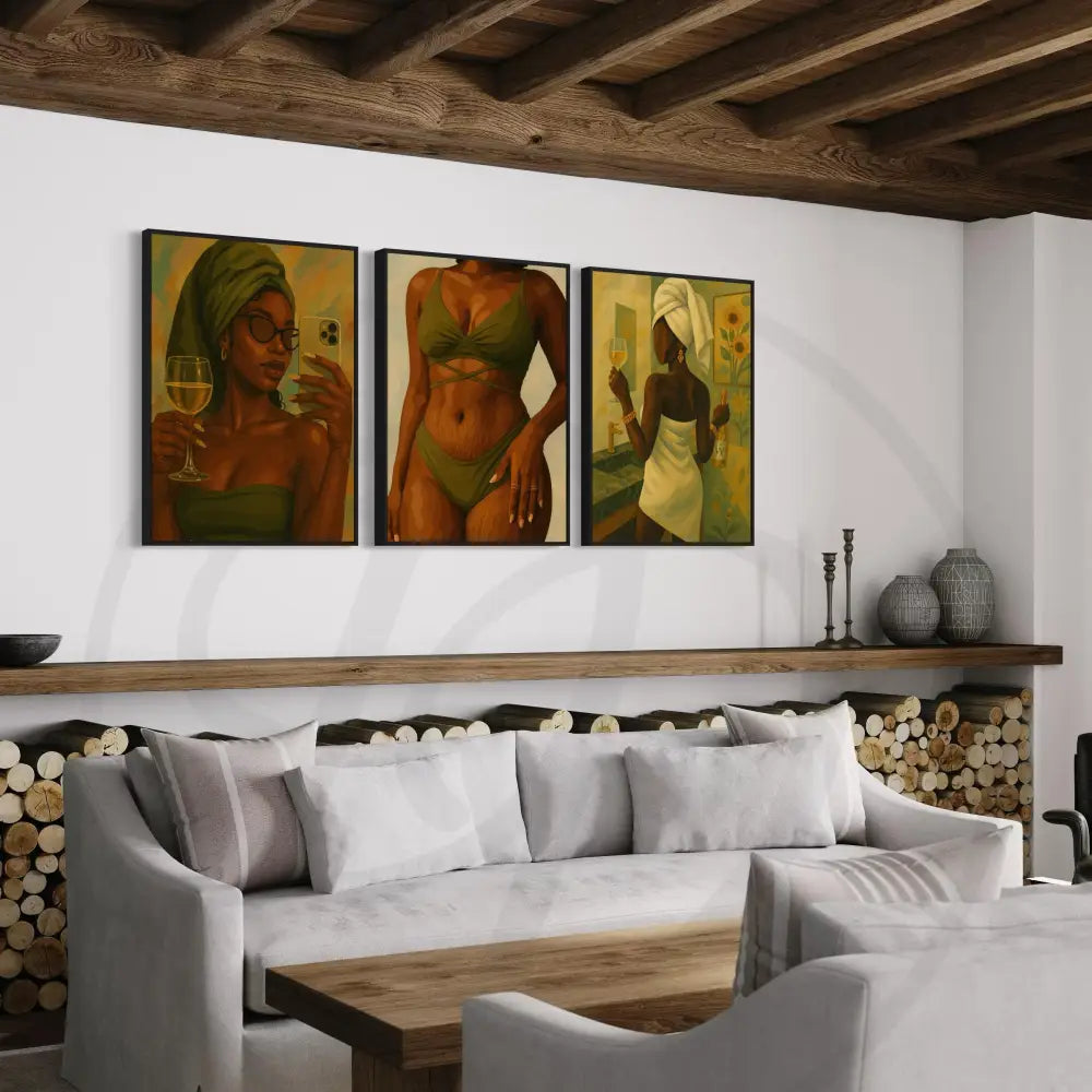 Contemporary Afrocentric digital art perfect for bathrooms, bedrooms, and living rooms.