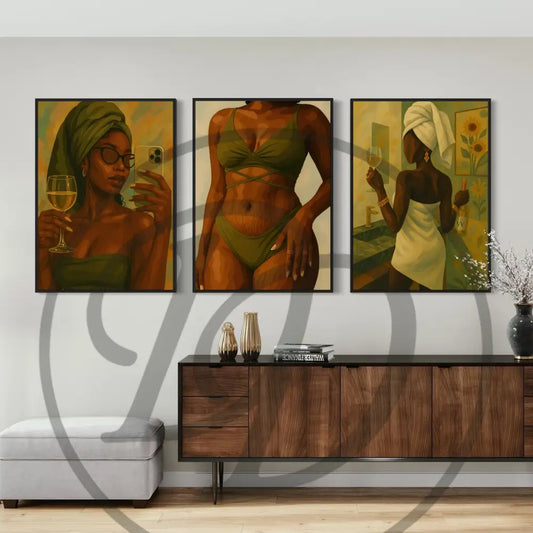 Modern feminine digital wall art of Black woman holding wine glass. Printable self-care artwork for stylish spaces.