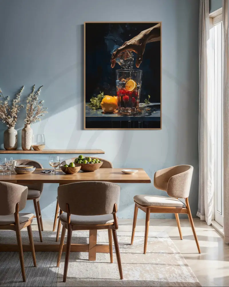 Still life wall decor with bold colors and water splash effect.
