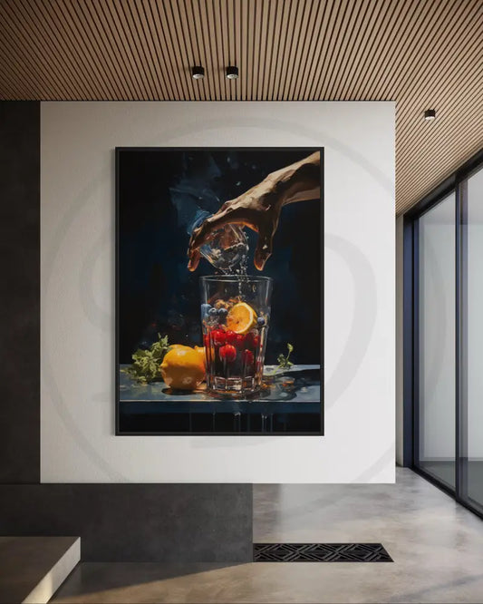 Modern still life painting with citrus, cherries, and blueberries.