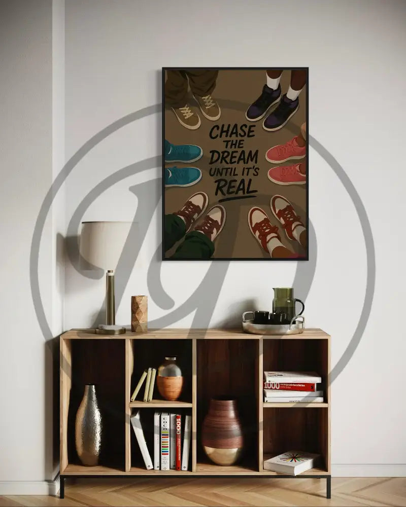 Printable sneaker art with dream-chasing quote