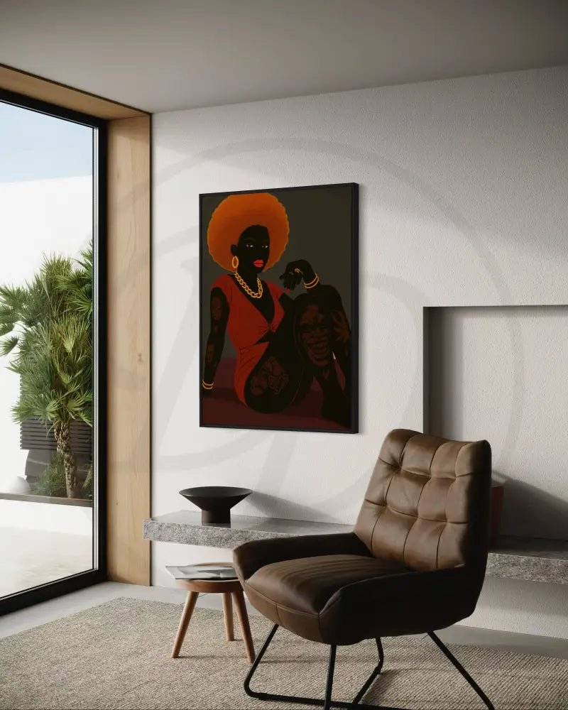 Black woman in rust-red dress digital print