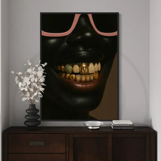 Black woman wearing pink sunglasses and gold grillz