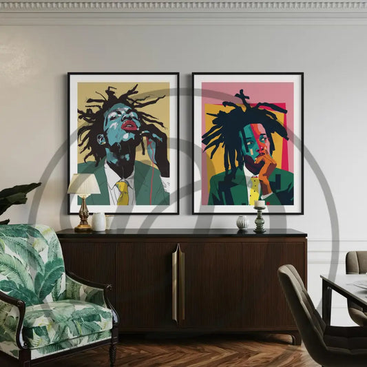 2-piece pop art portrait wall art set in bold colors. Digital download for modern eclectic interiors.