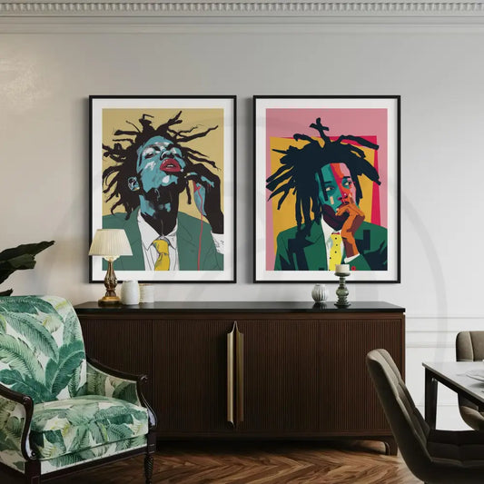 2-piece pop art portrait wall art set in bold colors. Digital download for modern eclectic interiors.