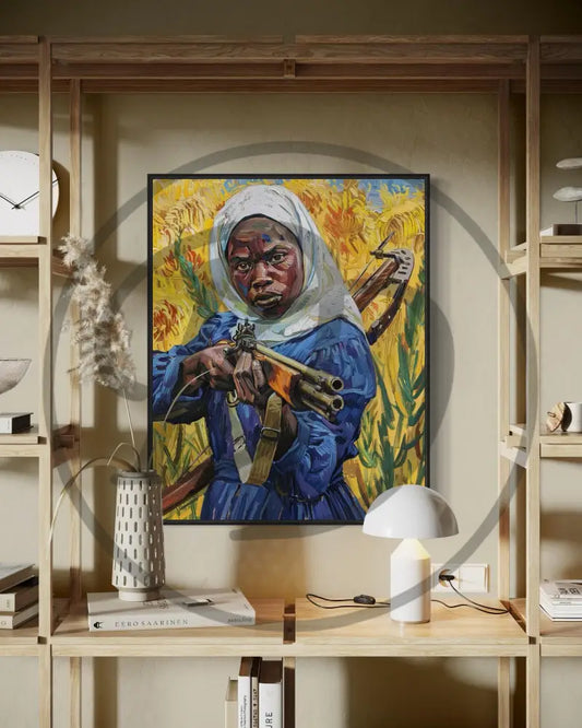 Afrocentric wall art of strong Black woman with rifle