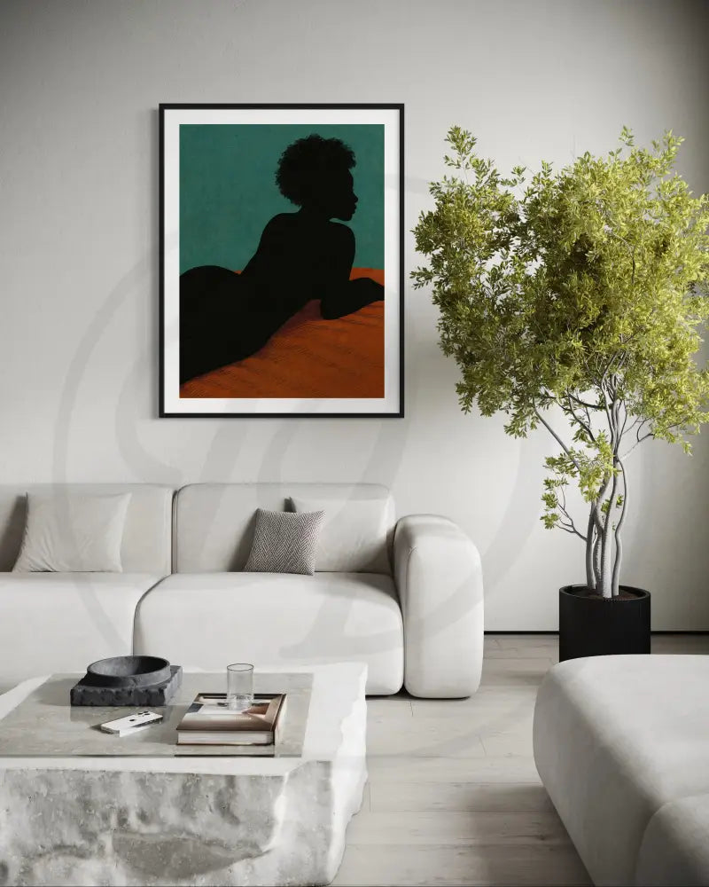 Digital print of faceless nude with afro and rust bedding