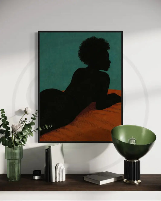 Reclining Black woman silhouette art on teal background