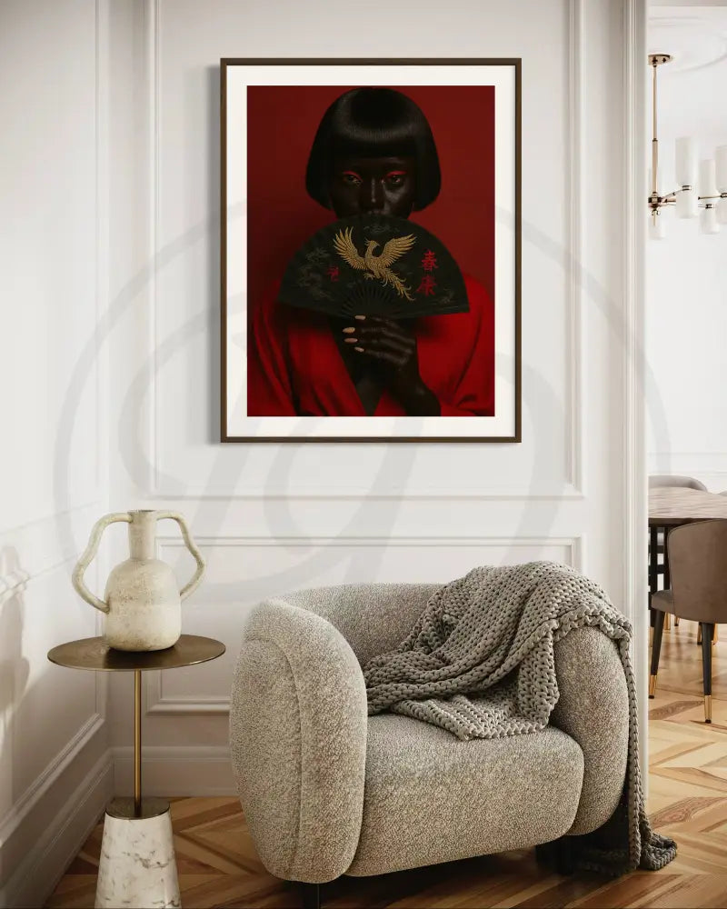 Elegant wall art with red backdrop and gold details
