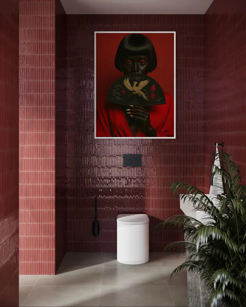 Statement wall decor in red and gold tones