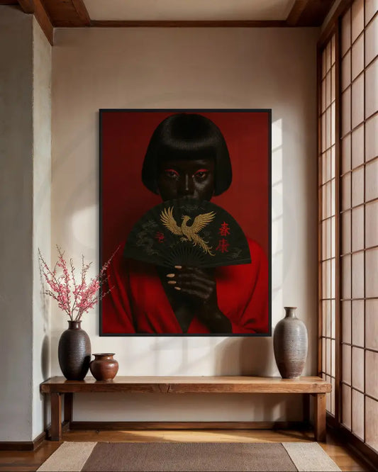 Black woman in red robe holding gold phoenix fan